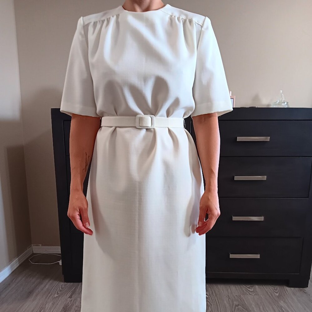 Vintage D'Allaird's 80s Cream Sheath Dress: Belted Midi, Made in Canada. Size M